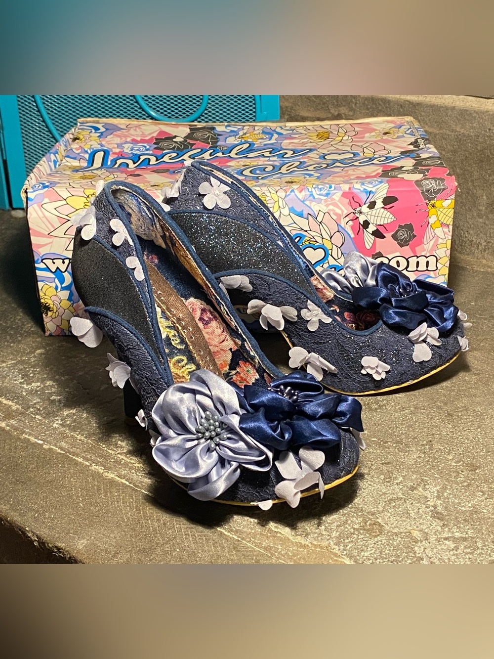 Irregular Choice Cortesan Floral Bar heels,Navy Suede/sparkle paisley,in box, 7